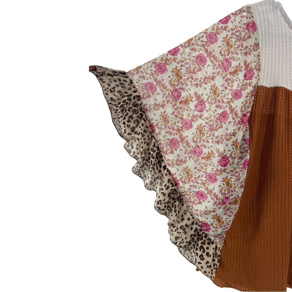 Umgee M waffle knit floral leopard ruffle flutter sleeve leopard casual boho - Picture 2 of 8